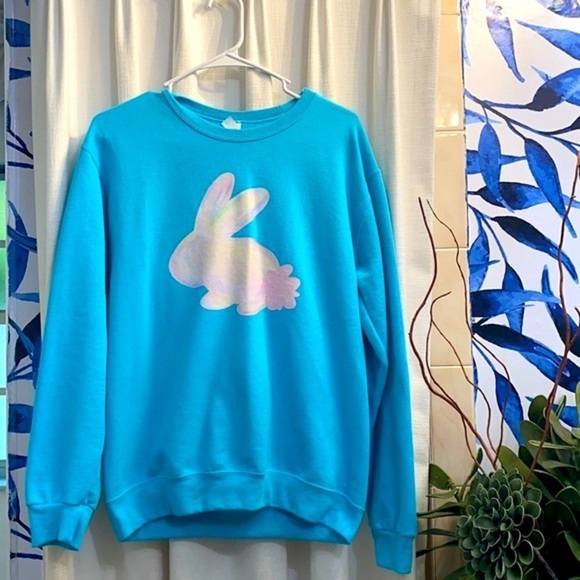 Adorable Women’s Jerzees Nublend Turquoise Easter Bunny Sweatshirt Size Small - Picture 1 of 5